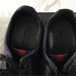 Gucci Black Leather Sneakers with Green and Red Web Accent
